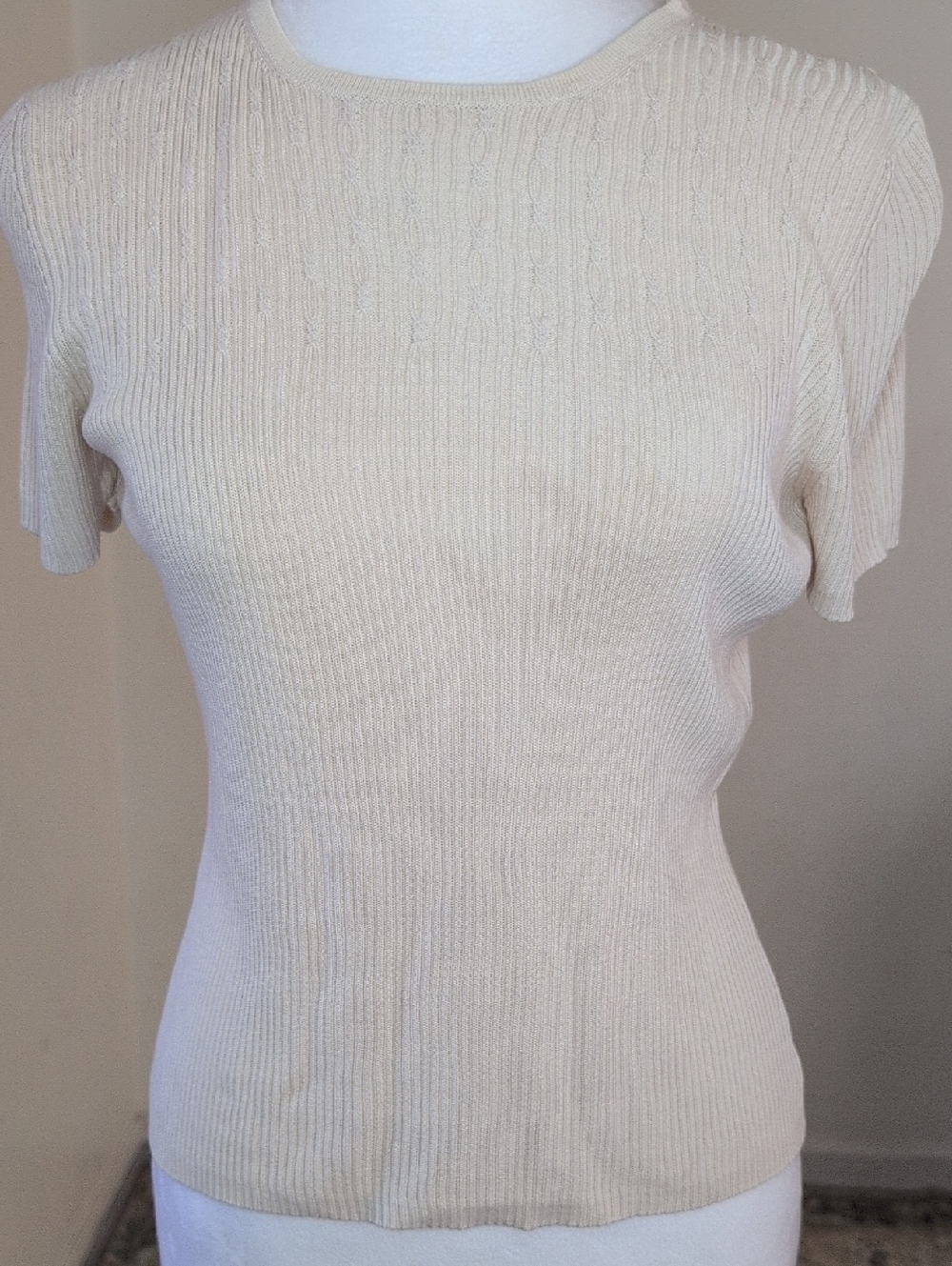 Vintage Valerie Stevens Petite Silk Ribbed Short Sleeve Top in Cream Size PM